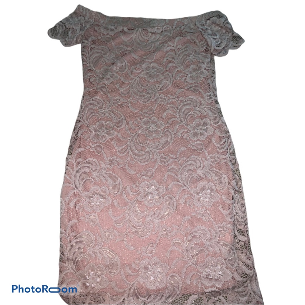Blush pink off-the-shoulder lace dress medium
